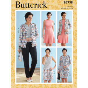 Butterick pattern B6738 cover featuring a woman modeling different outfits. Options include a checked jacket with pants (A), a peach dress (B), a checked dress (C), a peach top and checked skirt (D), and a checked jacket over a peach dress (E). Sizes range from 6 to 14.