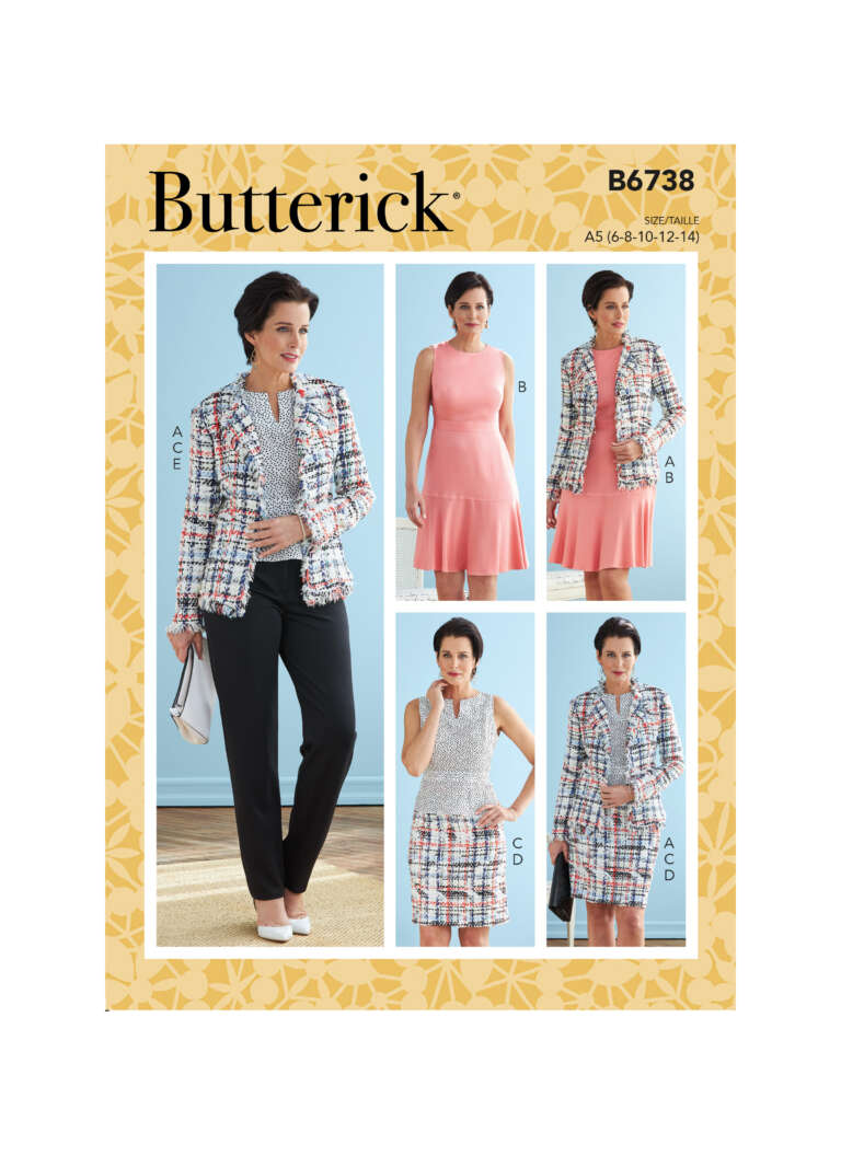 Butterick pattern B6738 cover featuring a woman modeling different outfits. Options include a checked jacket with pants (A), a peach dress (B), a checked dress (C), a peach top and checked skirt (D), and a checked jacket over a peach dress (E). Sizes range from 6 to 14.