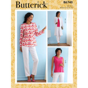 Butterick sewing pattern B6740 cover page shows three designs: A woman in a floral patterned long-sleeved blouse with white pants, another in a long white coat over a pink top and white pants, and a third in a sleeveless pink top with white pants.
