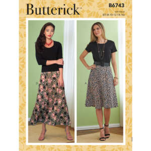 Butterick sewing pattern B6743 cover featuring two models wearing different skirt styles. Model A wears a black top with a floral maxi skirt, while model B wears a black top with a leopard print knee-length skirt. Sizes range from 8 to 16.