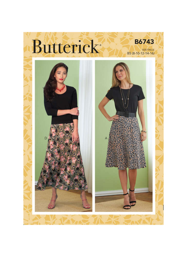 Butterick sewing pattern B6743 cover featuring two models wearing different skirt styles. Model A wears a black top with a floral maxi skirt, while model B wears a black top with a leopard print knee-length skirt. Sizes range from 8 to 16.