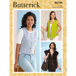 Butterick Pattern B6745 cover features three women's vests. Model A wears a blue striped vest, Model D wears a bright green vest, and Model E wears a brown fur vest. The background is light yellow with the Butterick logo and pattern number at the top.
