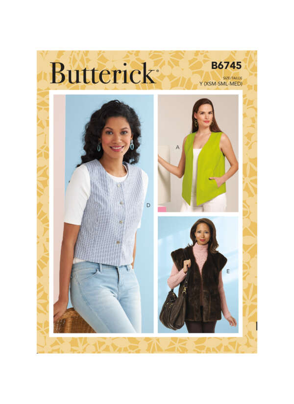 Butterick Pattern B6745 cover features three women's vests. Model A wears a blue striped vest, Model D wears a bright green vest, and Model E wears a brown fur vest. The background is light yellow with the Butterick logo and pattern number at the top.