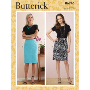 A Butterick sewing pattern (B6746) featuring two women modeling knee-length skirts paired with black tops. One woman wears a teal skirt and necklace, while the other wears a black patterned skirt and layered necklaces. The background is light pink with a decorative border.