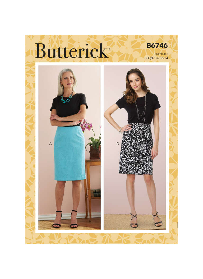 A Butterick sewing pattern (B6746) featuring two women modeling knee-length skirts paired with black tops. One woman wears a teal skirt and necklace, while the other wears a black patterned skirt and layered necklaces. The background is light pink with a decorative border.