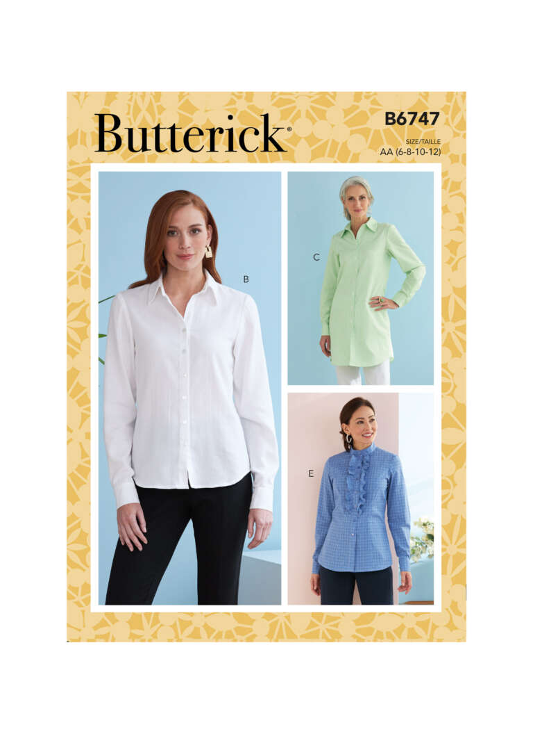 Sewing pattern cover for Butterick B6747 featuring three women's tunics. Model B wears a white button-up shirt, model C wears a light green tunic with a high collar, and model E is dressed in a blue tunic with pintuck detailing and a stand collar.