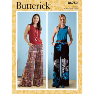 Pattern cover for Butterick B6750 showcasing two women wearing sleeveless tops and wide-legged pants. The left outfit features a red tank top with patterned pants, while the right outfit has a blue tank top paired with black pants with blue floral designs.