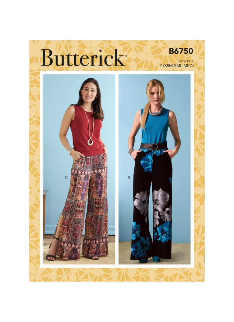 Pattern cover for Butterick B6750 showcasing two women wearing sleeveless tops and wide-legged pants. The left outfit features a red tank top with patterned pants, while the right outfit has a blue tank top paired with black pants with blue floral designs.