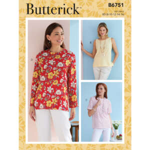 Pattern cover for Butterick B6751, depicting three different women's tops. Top A is a red floral long-sleeve blouse, Top B is a sleeveless cream blouse, and Top C is a white and red polka-dot short-sleeve blouse. All models are wearing white pants.