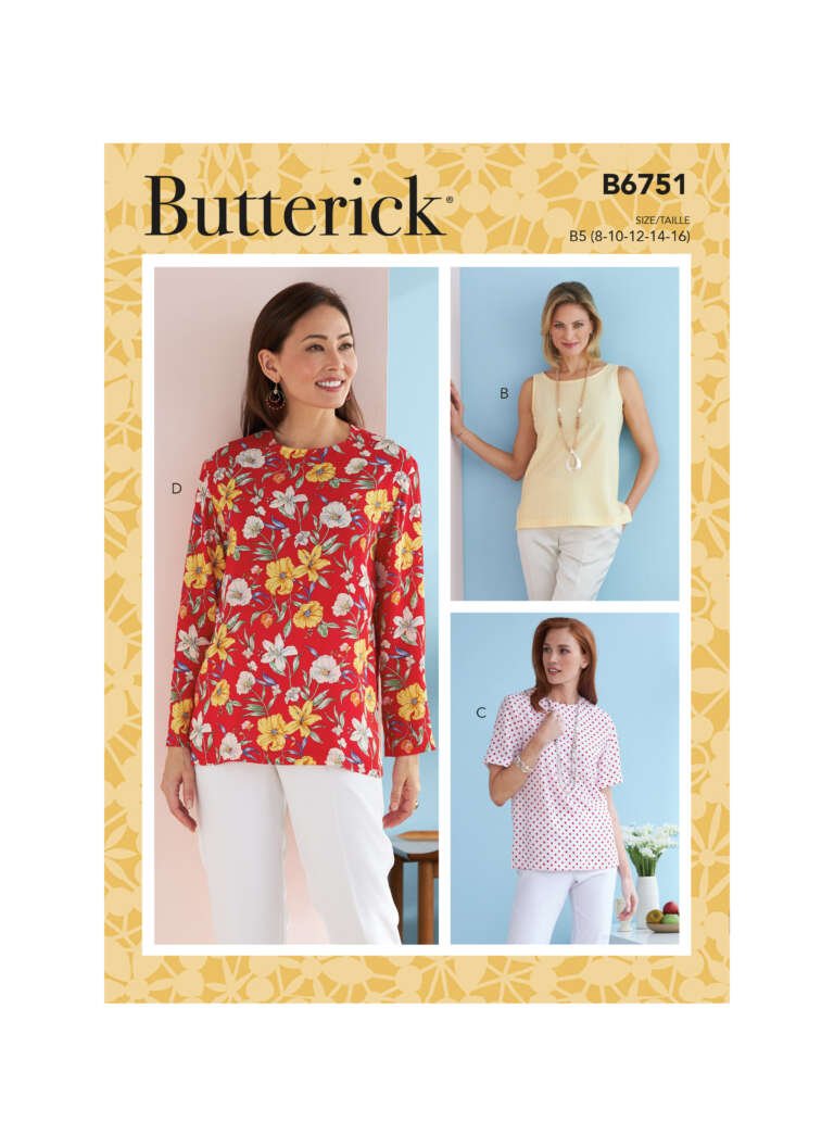 Pattern cover for Butterick B6751, depicting three different women's tops. Top A is a red floral long-sleeve blouse, Top B is a sleeveless cream blouse, and Top C is a white and red polka-dot short-sleeve blouse. All models are wearing white pants.