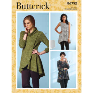 Image of the Butterick pattern B6752 cover showing three different views of women's tops. The main image features a woman in a green cowl-neck top with an asymmetrical hem. Additional views show a woman in a black and white striped top and another in a floral print top.