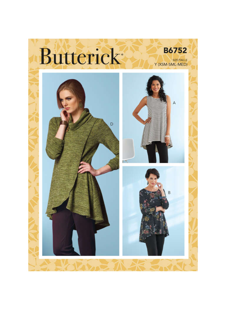 Image of the Butterick pattern B6752 cover showing three different views of women's tops. The main image features a woman in a green cowl-neck top with an asymmetrical hem. Additional views show a woman in a black and white striped top and another in a floral print top.