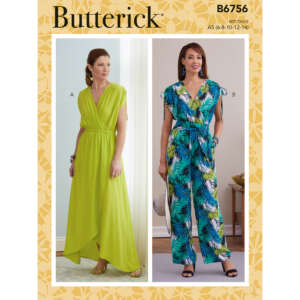 Pattern cover for Butterick B6756, showcasing two women's outfits. Version A features a model in a long, flowing lime green dress. Version B displays a model in a blue and green tropical print jumpsuit. Both outfits are short-sleeved with gathered waists.