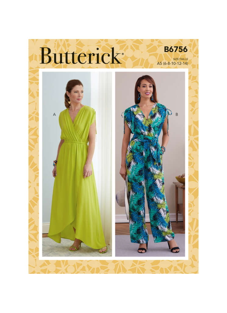 Pattern cover for Butterick B6756, showcasing two women's outfits. Version A features a model in a long, flowing lime green dress. Version B displays a model in a blue and green tropical print jumpsuit. Both outfits are short-sleeved with gathered waists.