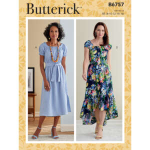 Butterick sewing pattern B6757 envelope featuring two women in dresses with shirred bodices and puff sleeves. View A shows a light blue, calf-length dress with a waist tie; View B displays a multi-colored floral print, high-low hem dress. Sizes B5 (8-10-12-14-16).