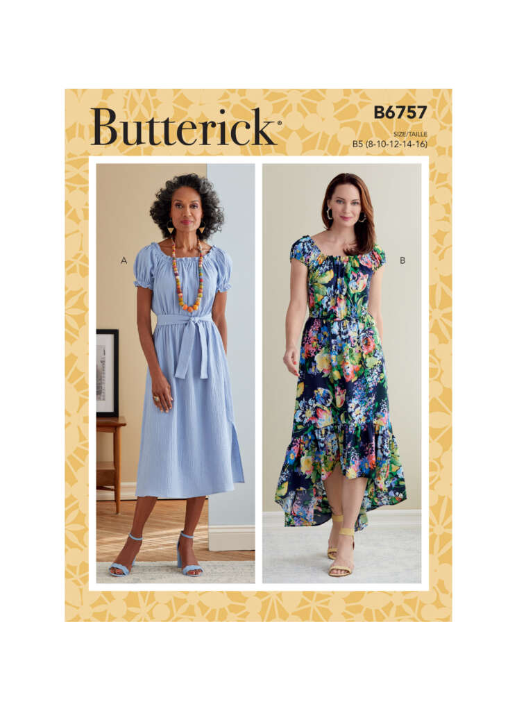 Butterick sewing pattern B6757 envelope featuring two women in dresses with shirred bodices and puff sleeves. View A shows a light blue, calf-length dress with a waist tie; View B displays a multi-colored floral print, high-low hem dress. Sizes B5 (8-10-12-14-16).