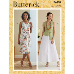 Butterick sewing pattern B6759 cover showing two women modeling different outfits. The woman on the left wears a sleeveless, floral wrap dress; the woman on the right wears a green sleeveless top with a tie front and white button-up skirt.