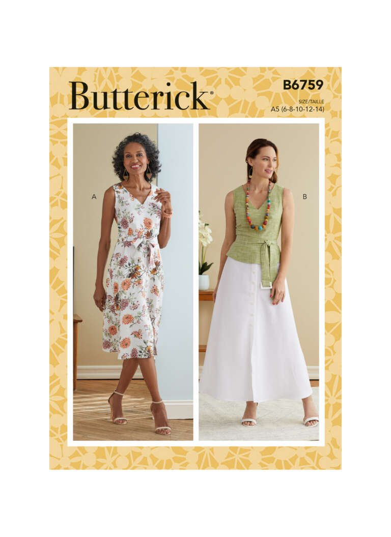 Butterick sewing pattern B6759 cover showing two women modeling different outfits. The woman on the left wears a sleeveless, floral wrap dress; the woman on the right wears a green sleeveless top with a tie front and white button-up skirt.