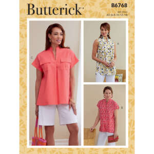 Butterick pattern B6768 sewing pattern cover. It shows three variations of a top: a coral short-sleeve top with a collar (left), a sleeveless floral top with a stand-up collar (top right), and a cap-sleeve patterned top with a stand-up collar (bottom right).