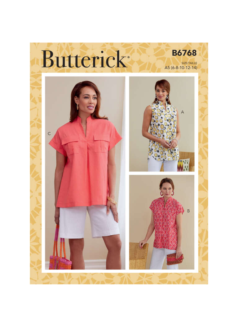 Butterick pattern B6768 sewing pattern cover. It shows three variations of a top: a coral short-sleeve top with a collar (left), a sleeveless floral top with a stand-up collar (top right), and a cap-sleeve patterned top with a stand-up collar (bottom right).