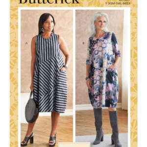 Butterick pattern cover B6784 shows two women modeling different dress styles. The woman on the left (A) wears a sleeveless, asymmetrical, striped dress. The woman on the right (B) sports a knee-length, long-sleeve, abstract print dress with boots.