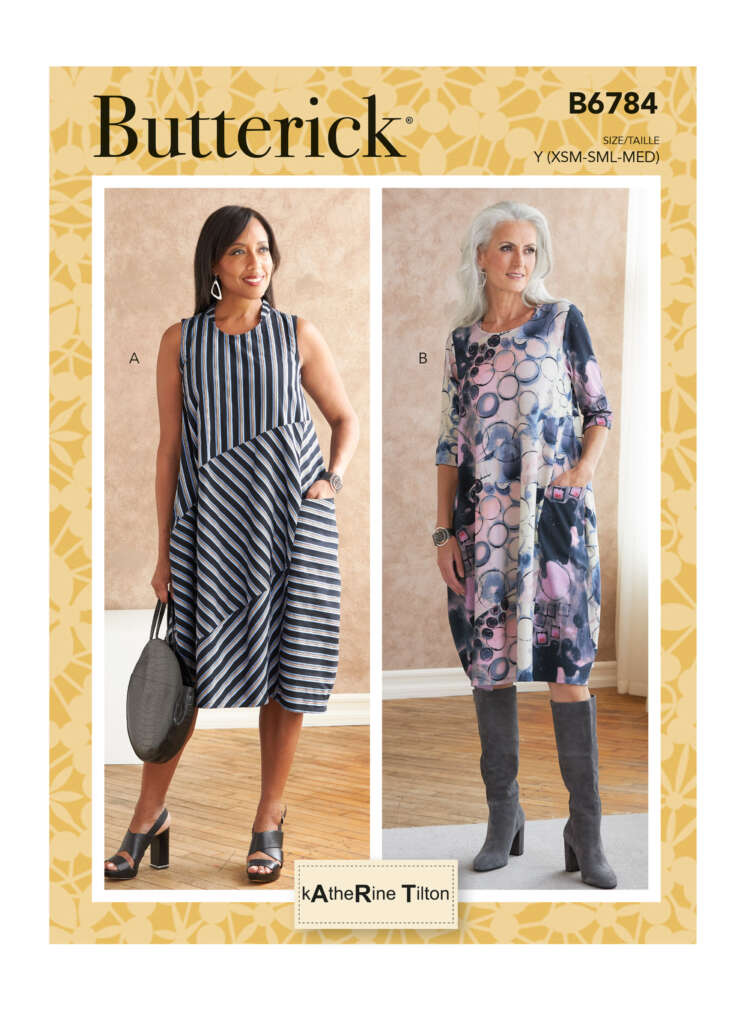 Butterick pattern cover B6784 shows two women modeling different dress styles. The woman on the left (A) wears a sleeveless, asymmetrical, striped dress. The woman on the right (B) sports a knee-length, long-sleeve, abstract print dress with boots.