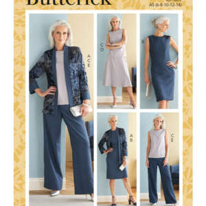 Butterick sewing pattern B6796 cover featuring a model wearing different outfits. The outfits include different combinations of tops, dresses, pants, and a blazer. The pattern is available in sizes 6-8-10-12-14.