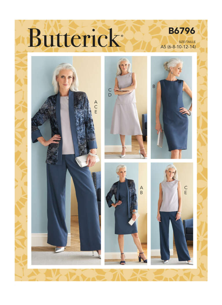 Butterick sewing pattern B6796 cover featuring a model wearing different outfits. The outfits include different combinations of tops, dresses, pants, and a blazer. The pattern is available in sizes 6-8-10-12-14.