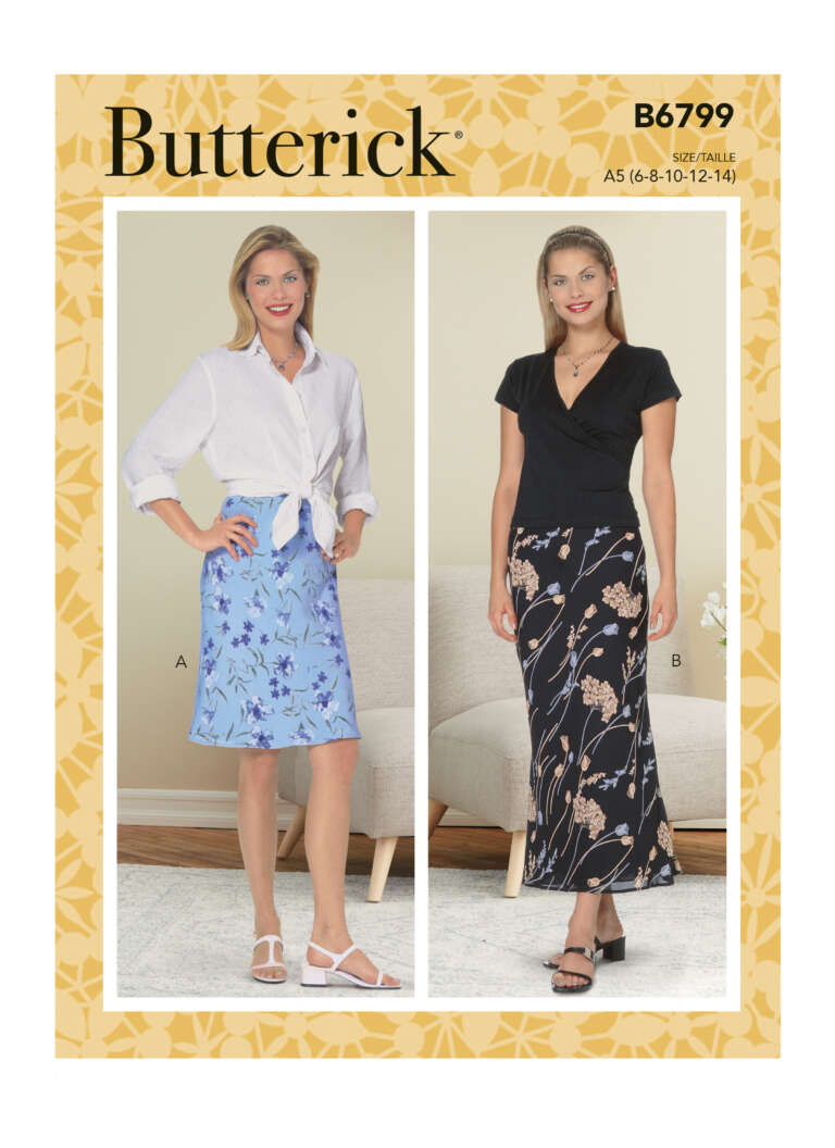 Pattern pack cover for Butterick B6799. It features two women modeling different skirts. One wears a white top and blue floral skirt, the other wears a black top and black floral skirt. The background is a yellow floral pattern. Skirt sizes range from 6 to 14.