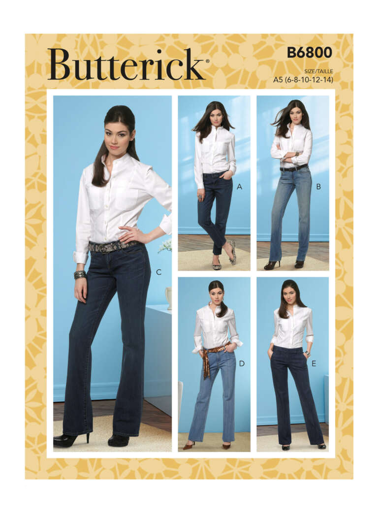 Pattern cover for Butterick B6800 displaying five variations of women's jeans. Each model is wearing a white blouse paired with different styles of jeans (A, B, C, D, E) featuring various cuts and fits. The sizes range from 6-14. The background is light blue.