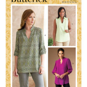 Butterick sewing pattern B6801 envelope. The cover shows three women's blouses: View A (green patterned, long sleeves), View C (light green, sleeveless), and View D (purple, long sleeves). The pattern is available in sizes 8-16.