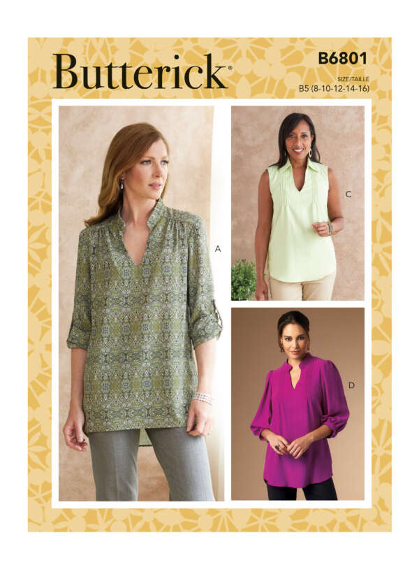 Butterick sewing pattern B6801 envelope. The cover shows three women's blouses: View A (green patterned, long sleeves), View C (light green, sleeveless), and View D (purple, long sleeves). The pattern is available in sizes 8-16.