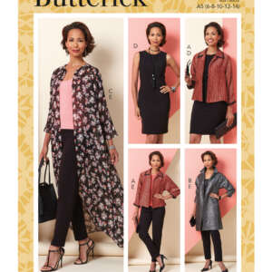 Butterick B6802 sewing pattern cover showing a woman modeling various styles of a long floral duster coat, a little black dress, and tops in different fabrics and lengths with pants. The pattern includes sizes 6-8-10-12-14.