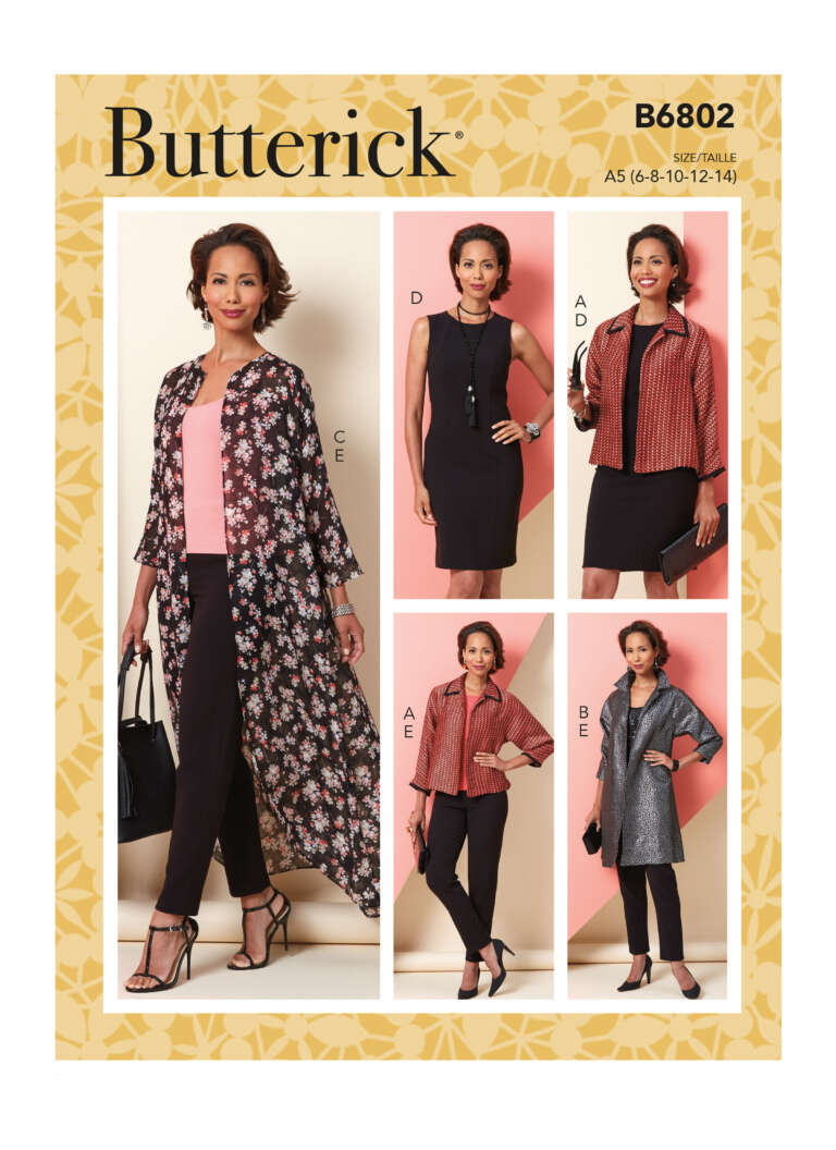 Butterick B6802 sewing pattern cover showing a woman modeling various styles of a long floral duster coat, a little black dress, and tops in different fabrics and lengths with pants. The pattern includes sizes 6-8-10-12-14.