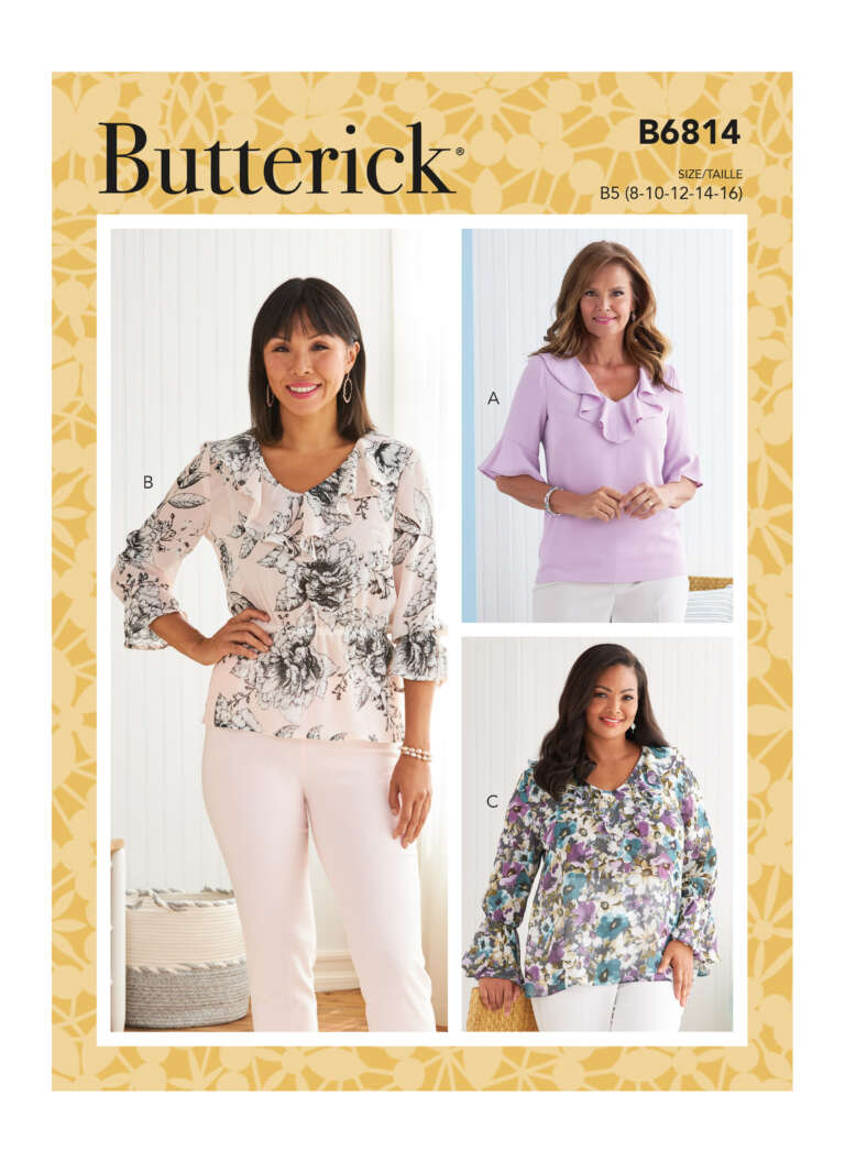 A sewing pattern cover for Butterick B6814 featuring three women modeling blouses. Blouse A is a lilac top with ruffled sleeves, Blouse B is a white floral top, and Blouse C is a multicolored floral top. All tops have gathered or elastic sleeve details.