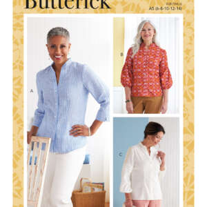 Pattern cover for Butterick B6816 featuring three blouse styles: A) Blue and white striped, button-up blouse with a collar and rolled sleeves; B) Orange patterned blouse with a round neckline and puffed sleeves; C) White blouse with a round neckline and bishop sleeves.