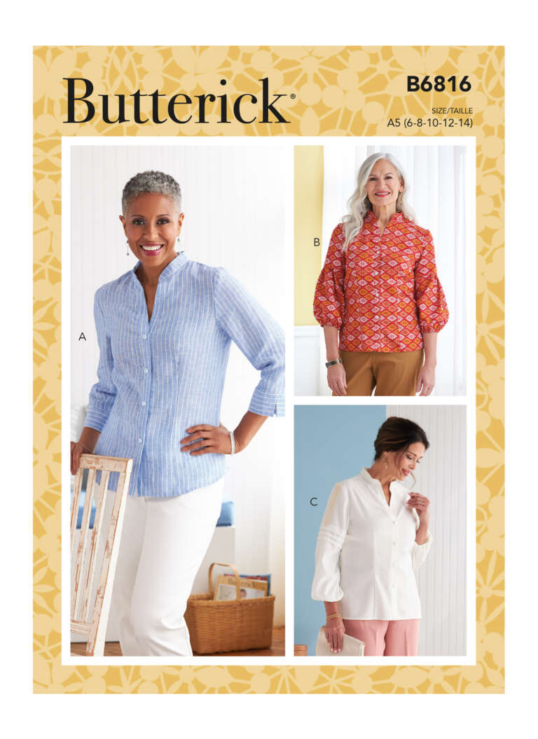 Pattern cover for Butterick B6816 featuring three blouse styles: A) Blue and white striped, button-up blouse with a collar and rolled sleeves; B) Orange patterned blouse with a round neckline and puffed sleeves; C) White blouse with a round neckline and bishop sleeves.