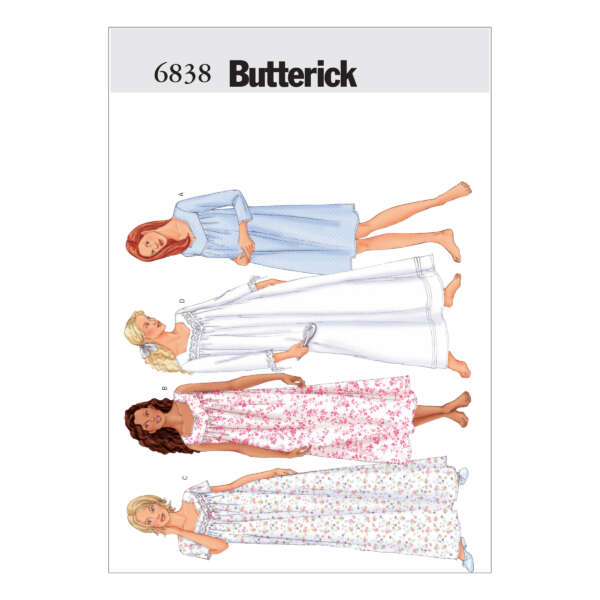 Illustration of four women wearing different styles of nightgowns from a Butterick sewing pattern (number 6838). The outfits include various designs, including long sleeves, short sleeves, floral prints, and lace details. Each woman has a different hair color and style.