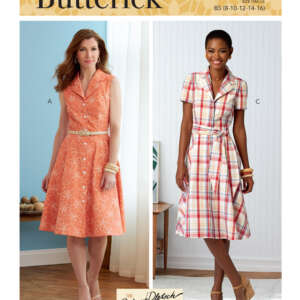Two women are modeling different variations of a dress pattern on the cover of a Butterick sewing pattern, B6843. The woman on the left is wearing an orange sleeveless dress with a flared skirt, while the woman on the right wears a short-sleeved, plaid dress.