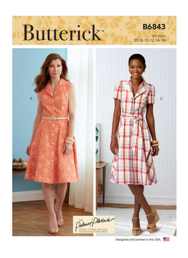 Two women are modeling different variations of a dress pattern on the cover of a Butterick sewing pattern, B6843. The woman on the left is wearing an orange sleeveless dress with a flared skirt, while the woman on the right wears a short-sleeved, plaid dress.