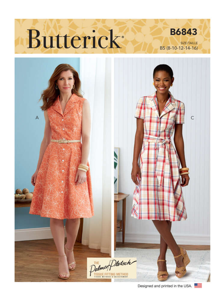 Two women are modeling different variations of a dress pattern on the cover of a Butterick sewing pattern, B6843. The woman on the left is wearing an orange sleeveless dress with a flared skirt, while the woman on the right wears a short-sleeved, plaid dress.