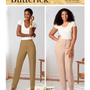 Cover of Butterick pattern B6845, showcasing two women wearing tailored pants. The woman on the left wears tan, and the woman on the right wears blush pink. Both pair the pants with short-sleeved white tops. Text indicates "All sizes included" and features the Palmer/Pletsch method.