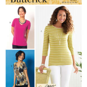 Butterick sewing pattern B6848 is displayed. The cover features three women modeling different tops: one in a pink short-sleeve top, one in a multicolored floral top, and one in a yellow and white striped top. The pattern is labeled Palmer/Pletsch.