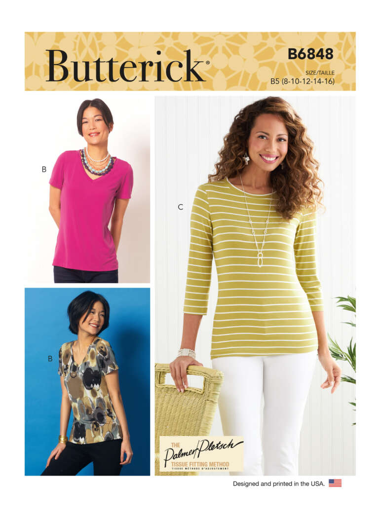 Butterick sewing pattern B6848 is displayed. The cover features three women modeling different tops: one in a pink short-sleeve top, one in a multicolored floral top, and one in a yellow and white striped top. The pattern is labeled Palmer/Pletsch.