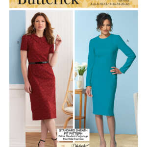A Butterick pattern cover showing two women modeling dresses. The woman on the left wears a red short-sleeve, knee-length dress with a black belt (option B). The woman on the right wears a teal, knee-length dress with long sleeves (option A). Pattern number B6849.