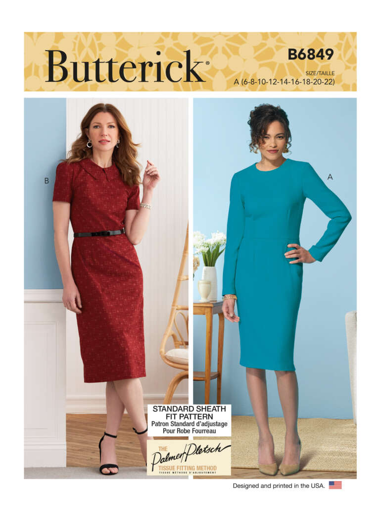 A Butterick pattern cover showing two women modeling dresses. The woman on the left wears a red short-sleeve, knee-length dress with a black belt (option B). The woman on the right wears a teal, knee-length dress with long sleeves (option A). Pattern number B6849.