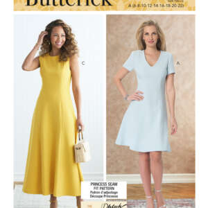 Butterick pattern B6850 cover. Model C wears a sleeveless, yellow maxi dress. Model A wears a short-sleeve, light blue knee-length dress. Both dresses have princess seams. Text includes size range (6-22) and design info. Background is white.