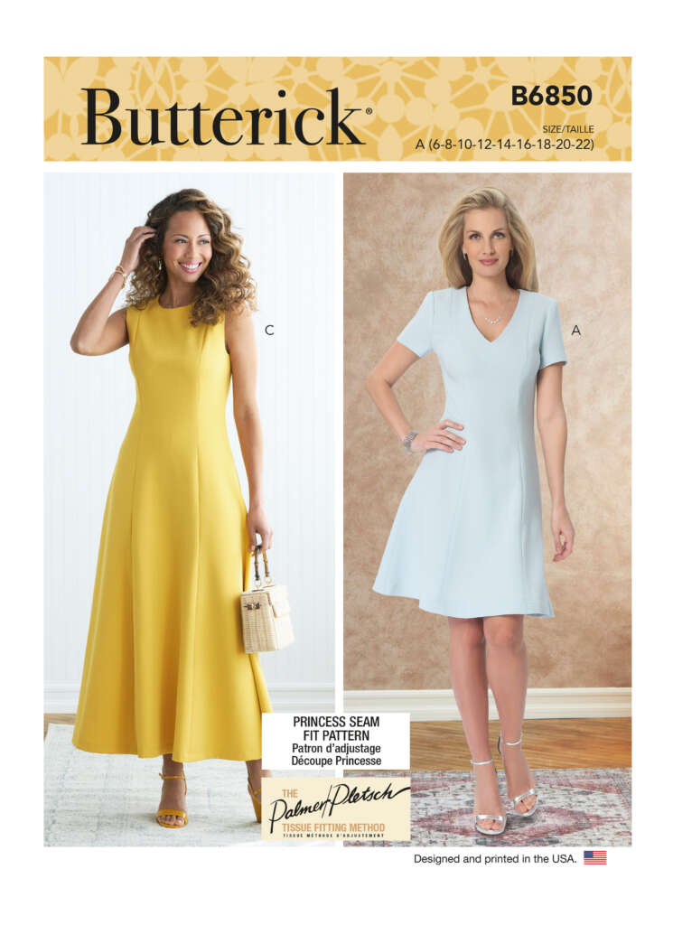 Butterick pattern B6850 cover. Model C wears a sleeveless, yellow maxi dress. Model A wears a short-sleeve, light blue knee-length dress. Both dresses have princess seams. Text includes size range (6-22) and design info. Background is white.