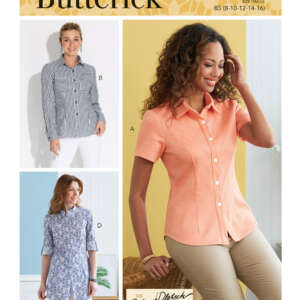 Butterick sewing pattern B6852 features three women's button-up shirtdresses. Design A shows a tan short-sleeve shirt, Design B features a long-sleeve striped shirt, and Design D depicts a long-sleeve, floral-patterned tunic. Models wear the garments.
