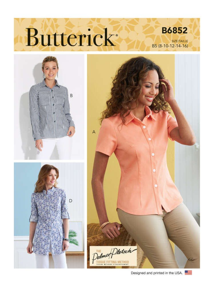 Butterick sewing pattern B6852 features three women's button-up shirtdresses. Design A shows a tan short-sleeve shirt, Design B features a long-sleeve striped shirt, and Design D depicts a long-sleeve, floral-patterned tunic. Models wear the garments.